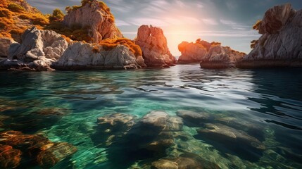  a body of water surrounded by rocks and a mountain range.  generative ai