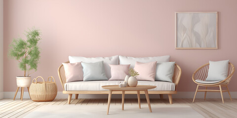 A living room with a pink wall and a  Stylish woodan sofa with plants pot Stylish Plant-Inspired Living Room with Wooden Sofa Chic Pink-themed Living Space with Wood Accents  