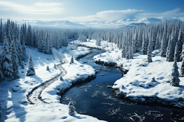 Freezing river in a snowy winter forest, snow and ice in nature, beautiful winter landscape