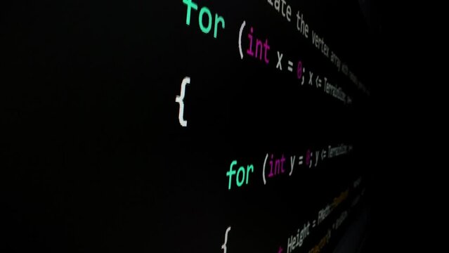 Closeup macro shot movement of coding script moving across LED screen with real-time AI-generated typing, showcasing advanced AI learning in optimization, debug and coding for software development.