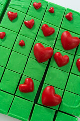 Green fudge with red hearts
