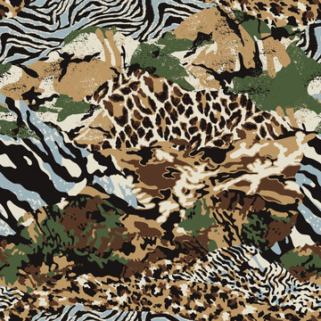 Camouflage fabric wild animal skins patchwork wallpaper abstract vector seamless pattern
