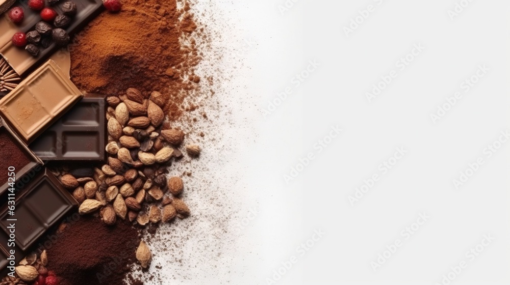 Poster a table topped with chocolates and nuts next to a pile of cocoa. generative ai