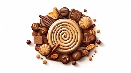  a chocolate swirl surrounded by nuts and other chocolates on a white background.  generative ai