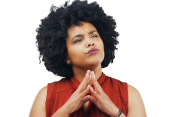 Business woman, decision and thinking of ideas or planning for Human Resources, job choice or confused. HR worker or african person, solution or question emoji isolated on transparent, png background