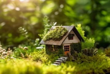 Fototapeta na wymiar Eco Friendly House In Moss In The Garden. Miniature wooden house in spring grass. House in sunny grass. generative ai