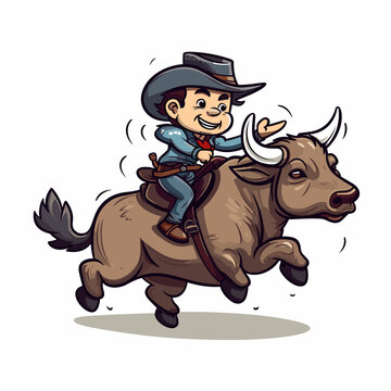 recommend clip art: Cowboy riding a bull. Rodeo. Cowboy riding a bull hand-drawn comic illustration. Vector doodle style cartoon illustration