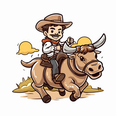 Fototapeta premium Cowboy riding a bull. Rodeo. Cowboy riding a bull hand-drawn comic illustration. Vector doodle style cartoon illustration