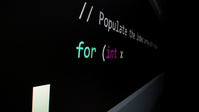 Closeup macro shot movement of coding script moving across LED screen with real-time AI-generated typing, showcasing advanced AI learning in optimization, debug and coding for software development.