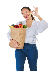 Woman, groceries and okay sign for food excellence promotion, sale or discount in portrait. Person,...