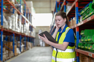 Woman warehouse worker feeling confused and failed to check inventory stock mistake while working...