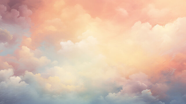 Colorful watercolor background of abstract sunset sky with puffy clouds in bright rainbow colors.