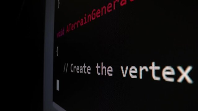 Closeup macro shot movement of coding script moving across LED screen with real-time AI-generated typing, showcasing advanced AI learning in optimization, debug and coding for software development.