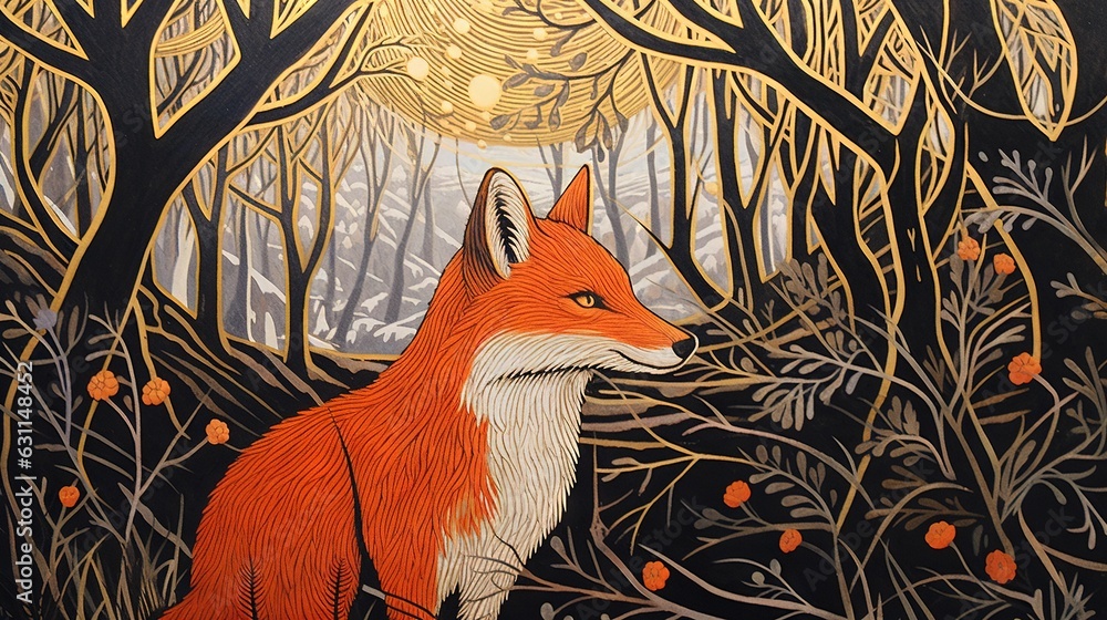 Aufkleber a painting of a fox in a forest with trees and berries. generative ai