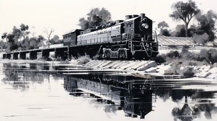  a black and white painting of a train on a bridge.  generative ai