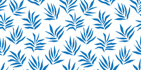 Abstract nature art leaf seamless pattern. Tropical blue palm leaves wallpaper print without background. Vintage botanical leaves texture.