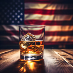 Glass of whiskey on a pool table with an american flag