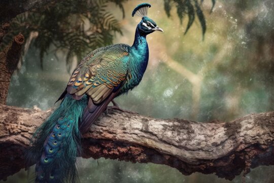 Painting of a peacock perched on a branch with a texture-filled backdrop. Generative AI