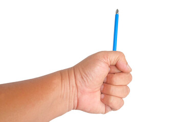 Hand hold Blue metal screwdriver tool for repair isolated on a white .