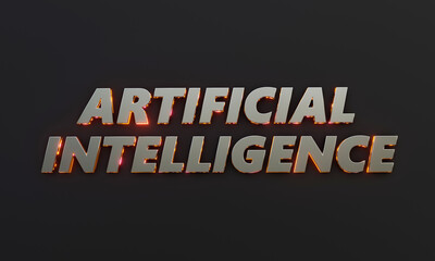 Word "Artificial Intelligence" is written on dark background with cinematic and neon text effect. 3D Rendering