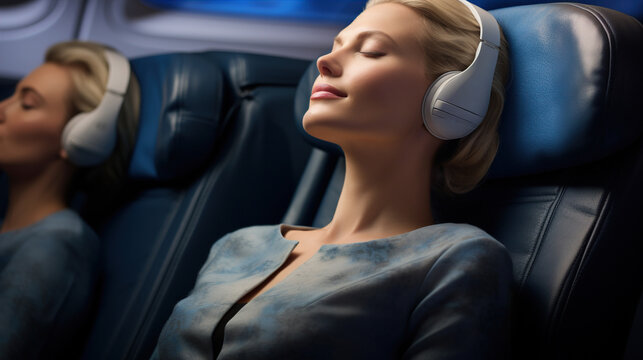 A flight attendant guides passengers through a relaxing meditation session, helping them destress and find tranquility during the flight