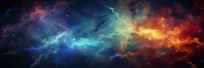 View with a telescope into space, interstellar, galaxies, nebulae, stars, banner, generative AI