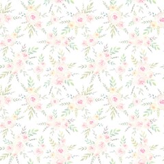 Floral seamless pattern with soft abstract roses and leaves on white background