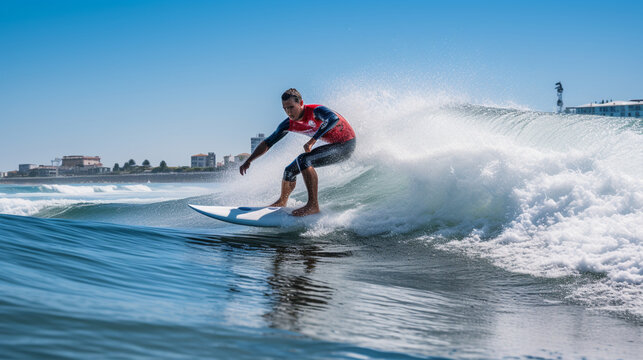 Skillful Surfers Riding Waves at a Surfing Competition 