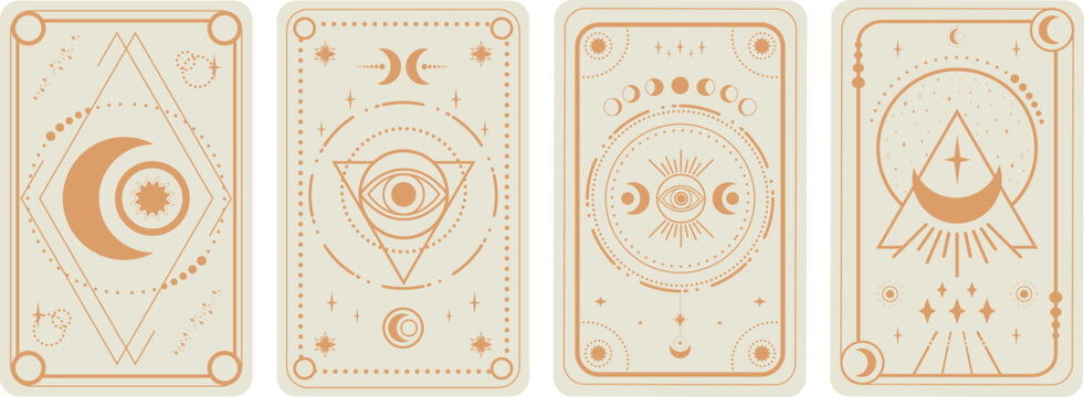Tarot cards set on white background. Crescent, stars and magical eyes symbols. Tarot symbolism. Mystery, astrology, esoteric. Vector illustration