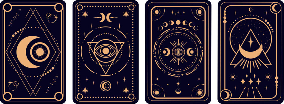 Tarot cards set on black background. Crescent, stars and magical eyes symbols. Tarot symbolism. Mystery, astrology, esoteric. Vector illustration