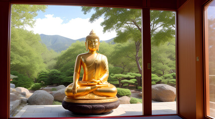 Mountain View and Golden Buddha statue on top of the mountain hotel - Generative
