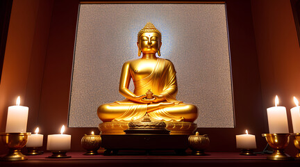 Gold Buddha statue in room with candle - Generative AI