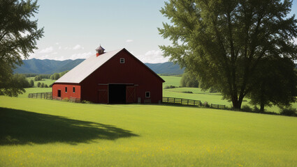 Fototapeta na wymiar red barn on the hill - Generative AI