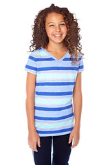 Portrait, smile and fashion for kids with a girl isolated on a transparent background for youth style. Children, happy and clothes with a cute young female teen posing in a trendy outfit on PNG