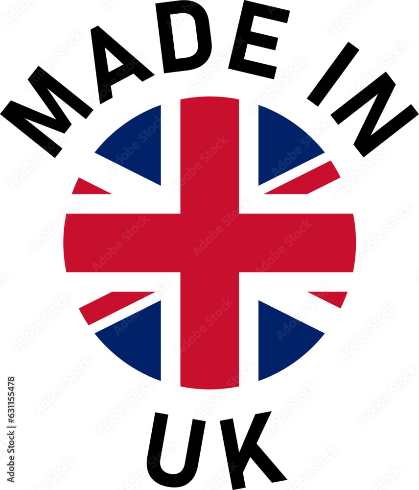 Poster made in uk united kingdom round badge product tag symbol with union jack flag in circle and text aro