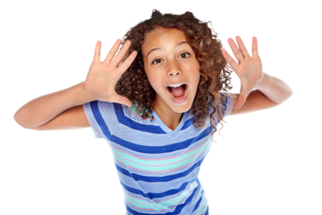 Hands, happy and portrait of child with announcement, promotion or fashion opinion. Surprise, youth and a young girl or stylish model with a gesture and smile isolated on a transparent png background
