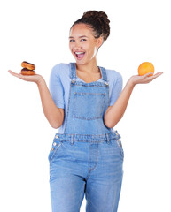 Portrait, excited woman with donut and orange for choice isolated on transparent png background....