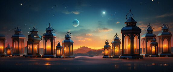 Fototapeta premium Illuminating Ramadan, Vibrant Arabic Lantern for Festive Celebrations - A Captivating Background Illustration