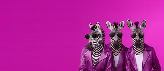 A portrait of three funky zebras wearing aviator sunglasses, leather jackets on a seamless magenta background, copy space for text. Generative AI technology