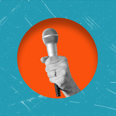 Art collage, Hand with the microphone on orange background.