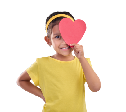 Png, heart or portrait of girl with smile, wellness or joy isolated on transparent background. Face, kid toddler or young female child with red symbol for love, happiness or valentines day sign