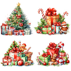 Set of cute christmas tree, gift box and x'mas elements for merry christmas celebration on white background. X'mas party. Watercolor illustration background, Generative AI