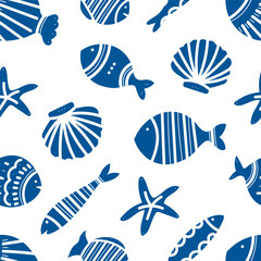 Seamless pattern of ornamental fish. Tiling fish pattern. Hand drawn marine illustrations of fish and sea elements. Summer sea beach style