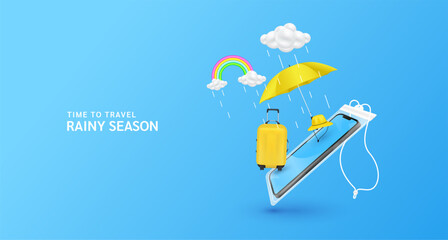 Travel rainy season. Monsoon clouds with water droplets falling with rainbow. Luggage bag, hat and yellow umbrella float away from smartphone in waterproof pouch. For tourism ads design. 3D Vector.