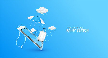 Travel in the rainy season. Monsoon rain clouds with water droplets falling. Luggage bag, hat white and umbrella float away from smartphone in waterproof pouch. For media tourism ads design. 3D Vector