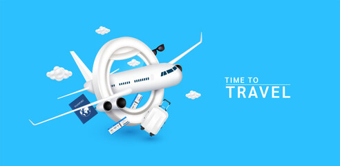 airplane fly through plane window with passport air ticket and suitcase luggage bag white, cloud glasses. For media about tourism advertising design. Isolated on blue background. Holiday travel vector