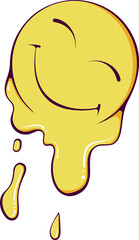 Dripping melting happy smile. Psychedelic funny surreal yellow smiley face. Hippie retro groovy smiling face. Vector hand drawn cartoon character illustration isolated on white. Graffiti style