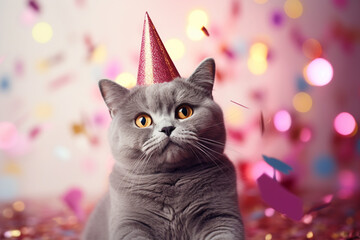 British shorthair grey cat in a party hat with bokeh in background