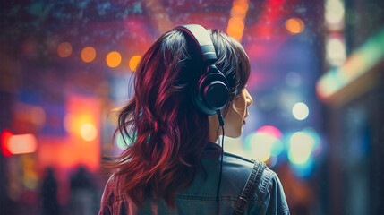 ヘッドフォンをかけて音楽を聴きながら街を歩く女性, with Generative AI - obrazy, fototapety, plakaty
