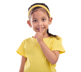 Girl, kid and secret, finger to lips and portrait, drama and gossip isolated on png transparent background. Young female child, whisper and silent gesture with emoji, communication and body language